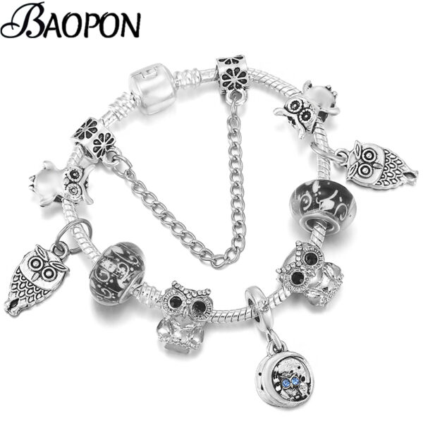 Crystal Vivid Owl Dangles Snake Chain Bangles Bracelets - Image 2